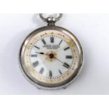 A continental silver cased fob watch with enamelled dial, inscribed Isaiah Slater, Ashton & Hyde