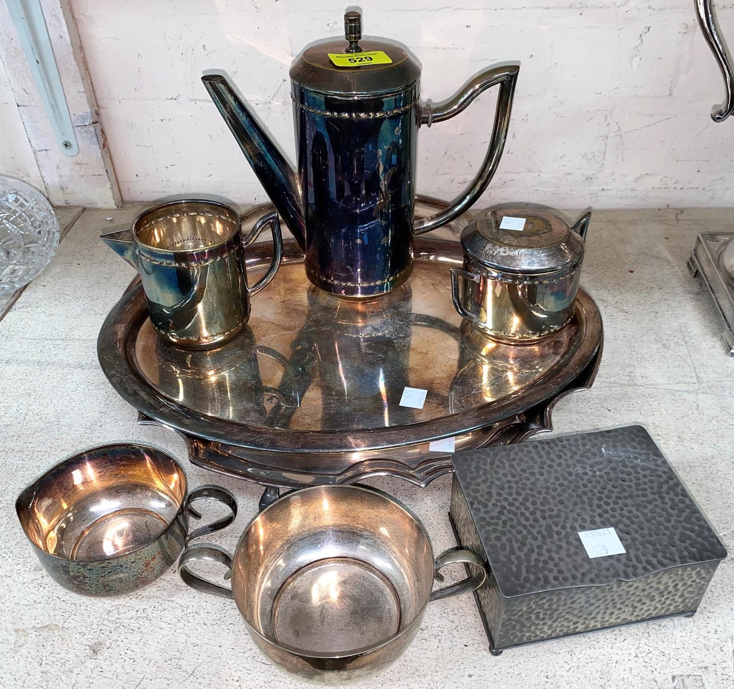 A continental Bauhaus style silver plated coffee service on oval tray, a Garrard EPNS tray, other