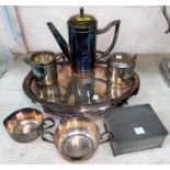 A continental Bauhaus style silver plated coffee service on oval tray, a Garrard EPNS tray, other