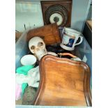 A carved wooden aneroid barometer and a selection of collectables