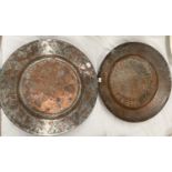 Two Indo Persian silver on copper chargers with various decorations, diameter 37cm