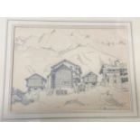 Attributed to Carl Felkel - Alpine scene with wooden buildings pencil sketch signed indistinctly