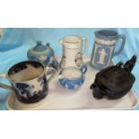 A 19th century Jackfield Black teapot, a 2 handled mug, items of Jasperware and decorative china