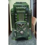 An Art Deco style green enamel ANTINEA log burning stove with single door, ht 62cm, w 35cm, d 25cm