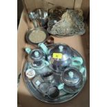 A selection of silver plate; a vintage chrome and turquoise tea set; a silver vesta; salts; etc.