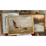 An early 20th century oil painting of fishing boats; a selection of other pictures and prints