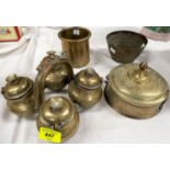 A Indian brass 4 section spice holder; a brass and copper Indian betel container and 2 Indian