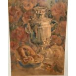 Russian School still life of samovar, bread on a table, watercolour unsigned 60 x 42cm framed and