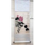 A Chinese floral scroll painting with inscriptions and seals, 94 x 60 cm