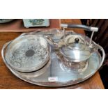 A large silver plate on copper oval gallery tray with pierced border, a small circular silver plated