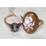 A 9 carat hallmarked gold rose cameo ring, size M/N; a 9 carat hallmarked gold ring set blue