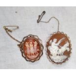 Two modern cameo brooches in 9 carat hallmarked gold ornate surrounds, 1 depicting a cherub in a