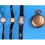 A keyless gold plated Hunter pocket watch (not working) and 3 ladies wristwatches