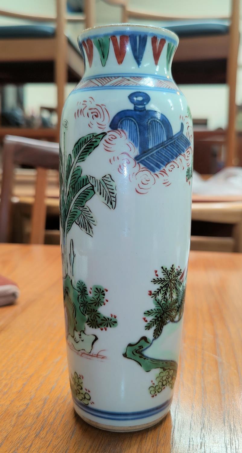 A Chinese small rouleau vase decorated with traditional scenes,height 21.5cm (minor chip to rim) - Image 3 of 6