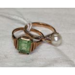 A dress ring set cushion cut green stone (worn), stamped '9ct', size M; a 9 carat hallmarked gold