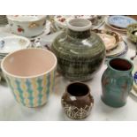 A 1950's Poole jardiniere, a large spherical RYE pottery vase and other Studio pottery
