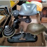 Two vintage sets of kitchen scales; and another; 2 sets of weights