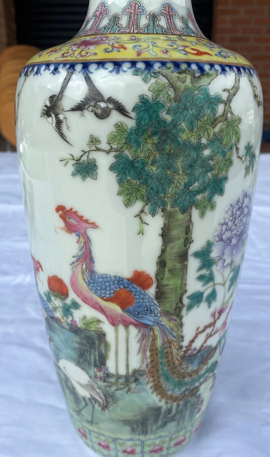 A 20th century Chinese vase decorated in polychrome with cranes, other exotic birds, flowers etc, - Image 2 of 5