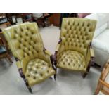 A Regency style pair of mahogany armchairs in deeply buttoned old gold hide