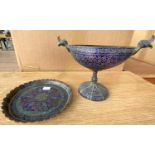 Two pieces of Kashmiri copper and neamel items - a pedestal boat shaped bowl, height 14cm and a