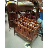 A reproduction mahogany Canterbury; a 1930's 3 height folding cake stand in mahogany