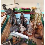 Two bronzed figures of golfers; a selection of collectables: a cloisonné vase; diecast planes;