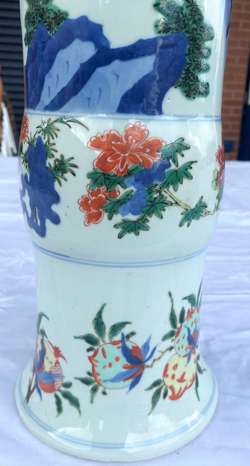 A tall Chinese garlic knot vase decorated with traditional country scene, flowers etc, height 42.5cm - Image 3 of 6