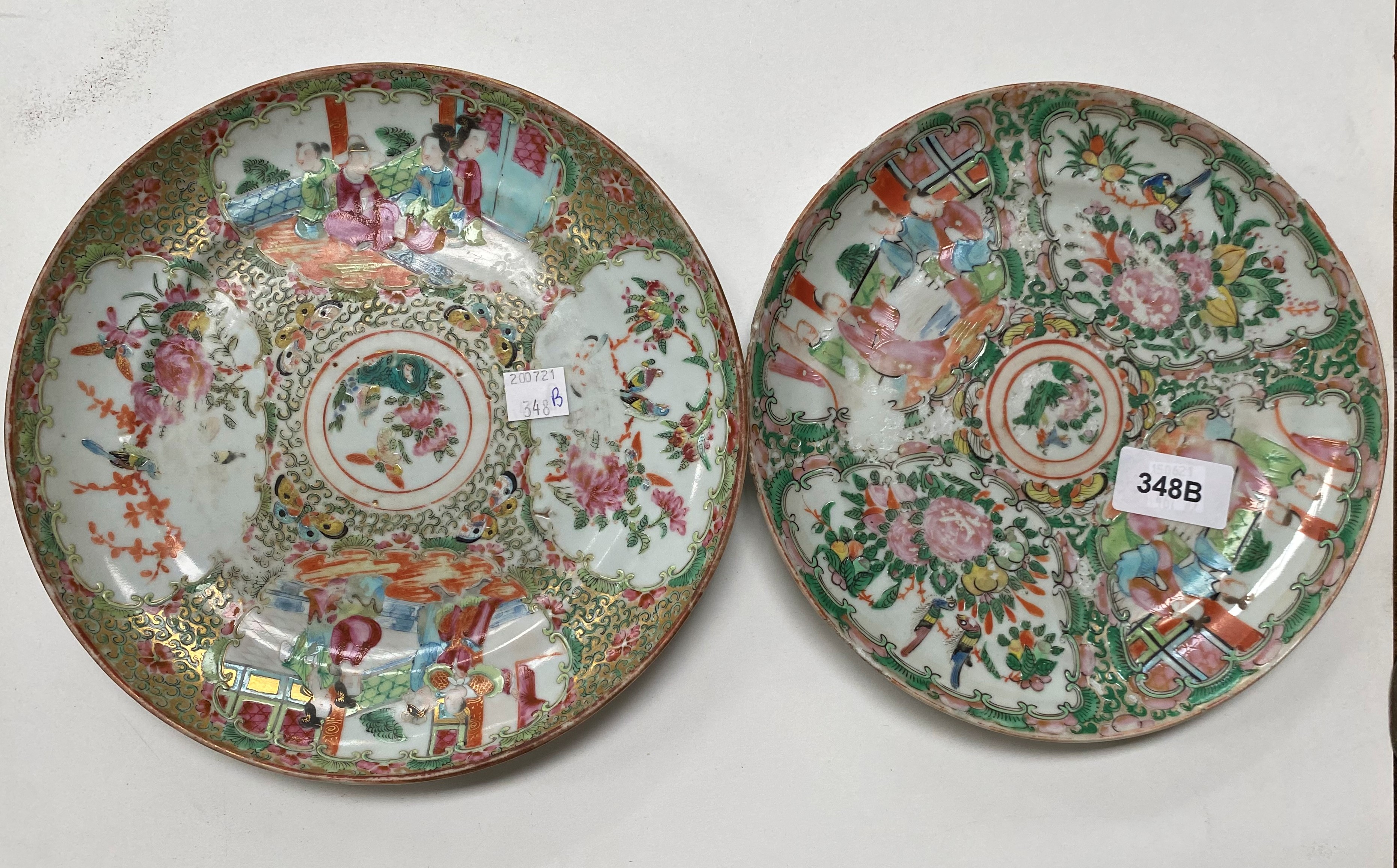 Two Chinese famille vert plates decorated with traditional prints, diameter 20.5 x 21.5cm