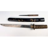 A 19th century Japanese Tanto (O-Tanto) short sword with lacquer scabbard with gilt decoration of