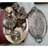 A Victorian style silver plated 4 piece tea set and gallery tray; etc.