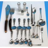 A selection of silver and silver plated cutlery, bone handled fish servers, silver top jars etc