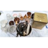 A selection of stoneware jelly moulds, stoneware bottles, Walkers tin, brass jam pan, metalware etc