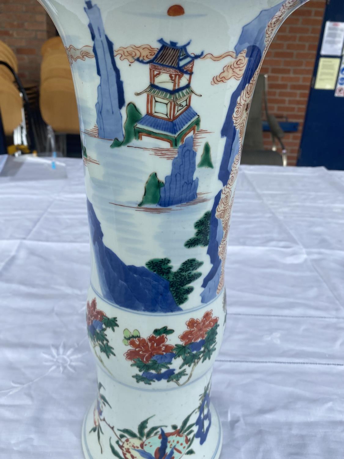 A tall Chinese garlic knot vase decorated with traditional country scene, flowers etc, height 42.5cm - Image 4 of 6