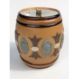 A 19th century Doulton Lambeth stoneware biscuit barrel with plated lid