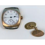 A 9 carat hallmarked gold cufflink; a vintage Waltham wristwatch