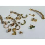 A pair of earrings set green stones, stamped '585'; gilt metal costume jewellery
