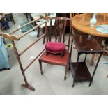 An Edwardian mahogany towel rail; an inlaid bedroom chair; a 2 tier occasional table with