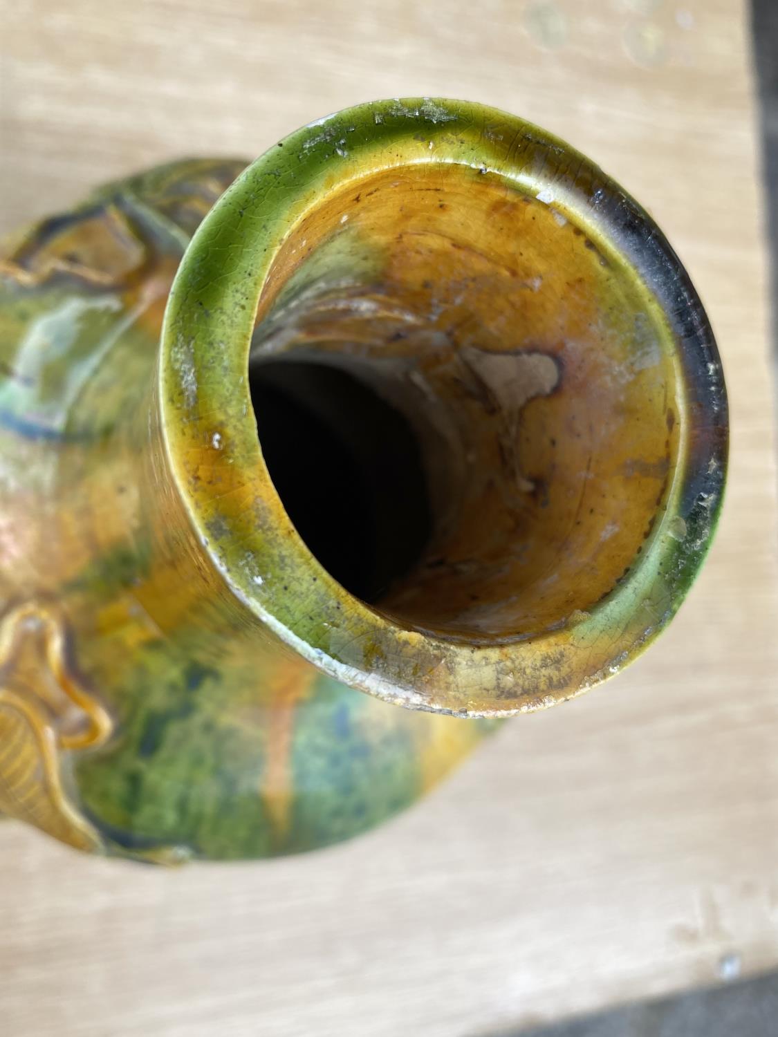 A Chinese yellow and green double gourd vase with dripware glaze and decoration in relief, height - Image 2 of 5