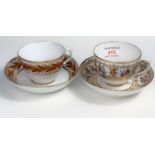 Two early 19th century Liverpool Herculaneum cups and saucers, one with polychrome on gilt floral