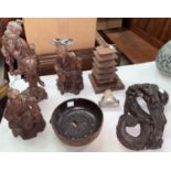 Three Chinese carved hardwood sages , a carved wood dragon, temple and a soapstone buddha etc
