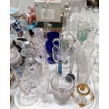 Four decanters; 2 Bristol blue wines; various 19th century etched glasses; etc.