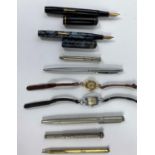 2 vintage "Conway" fountain pens; other pens and propelling pencils and 2 ladies watches, a small