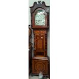 A Grandfather clock with painted dial for Matt & Co Cardiff with inlaid case depicting horses etc