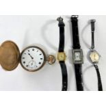 A keyless gold plated Hunter pocket watch (not working) and 3 ladies wristwatches