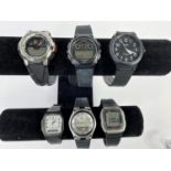 Six Casio wristwatches, digital, hybrid and one analog