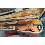 A late 19th/early 20th century two piece birch back violin, marked HOPF with bow and hard case (