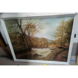 R Orton: River landscape, oil on board, signed, 5 x 74 cm, framed; Rural scenes: Two watercolours
