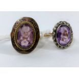 A yellow metal ring stamped 9ct, set with an amethyst coloured stone surrounded by marcasite, 4gm;