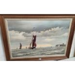 Roger Fisher: Coastal seascape with sailing barges and harbour wall, oil on canvas, signed, 60 x