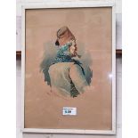 Nap Girotto: Peasant man in fez, smoking a pipe, watercolour, signed, 34 x 24 cm, framed and glazed